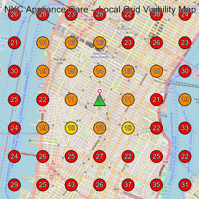 NYC Appliance Care GeoGrid visibility map for Electronics Repair Shop in 38 W 32nd St